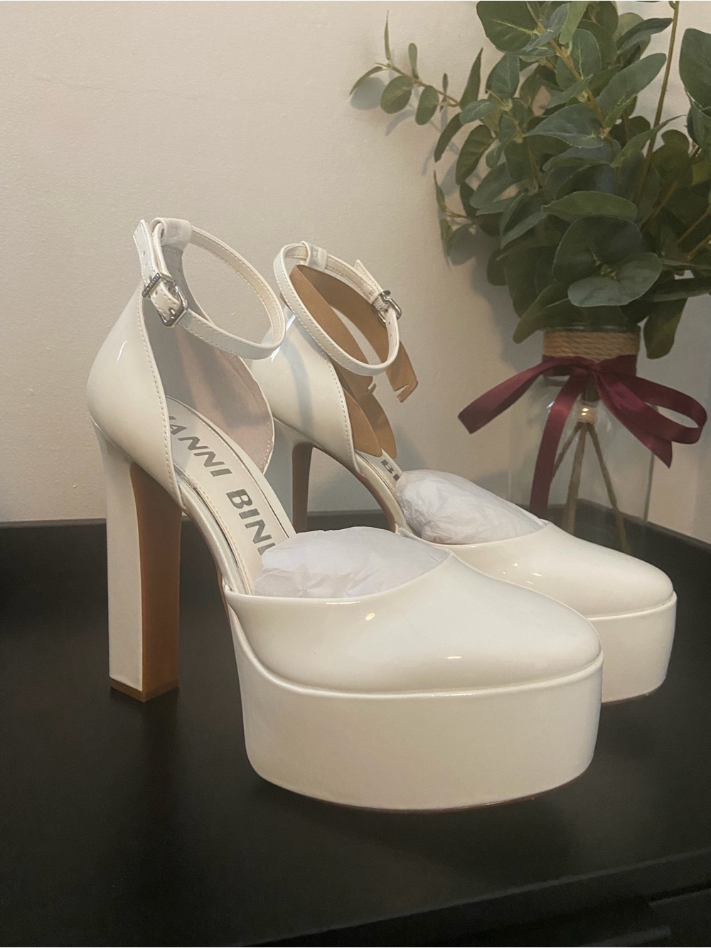 Gianni Bini White Patent Platform Ankle-Strap Pumps with Block Heel